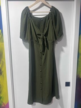 Olive Green Tie-Front Midi Dress